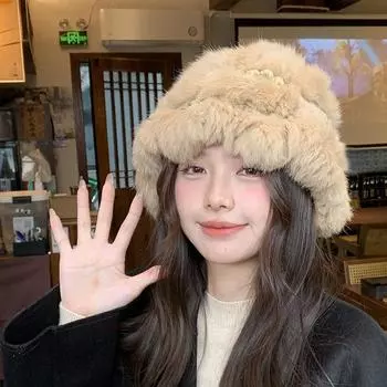 Autumn and winter thickened plush warm wool knitted hat hair-free hat female winter cute fluffy Internet celebrity fur M56-58cm чёрный