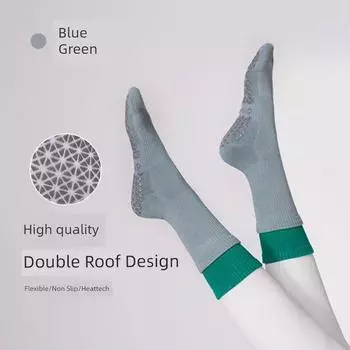 Autumn and Winter Thickening Professional Yoga Socks Women s Middle Tube Non-Slip Indoor Sports Fitness Special Yoga Pants Pilates Socks Blue-Green