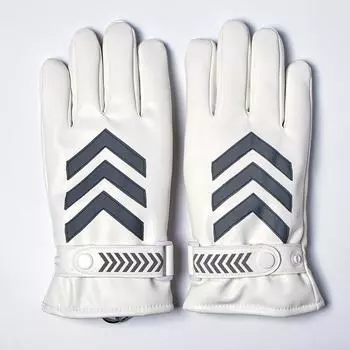 Autumn and Winter Traffic Warm PU Plus Fleece Duty Gloves White Leather Reflective Security Guard Night Patrol Sports Command Riding One Size