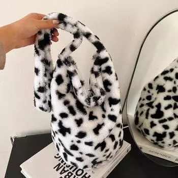 Autumn And Winter Trend Soft Waxy Fluffy Tote Bag Fashionable And Popular Versatile Love Leopard Print Shoulder Messenger Bag 31*19*31 белый