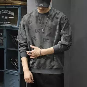 Осенне-зимний модный брендовый свитер из плотной замши и флиса с круглым вырезом, мужской свободный, большого размера, в стиле американского ретро, с красивым принтом в виде алфавита M серый