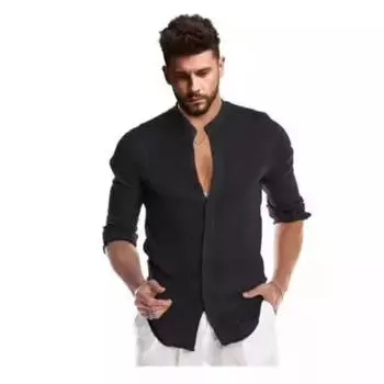 Осенне-зимний кардиган с V-образным вырезом, хлопковый лен, воротник-стойка, длинный рукав, мужская рубашка S чёрный
