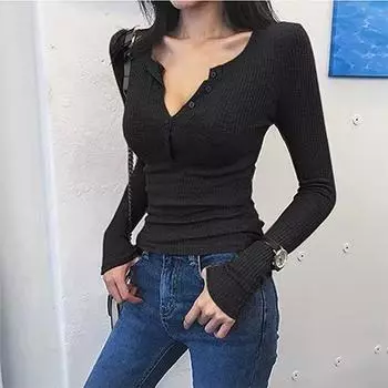 Autumn and Winter V-neck Top Slim-Fit Chest-Flattering Solid Color Long-Sleeved T-shirt Black S