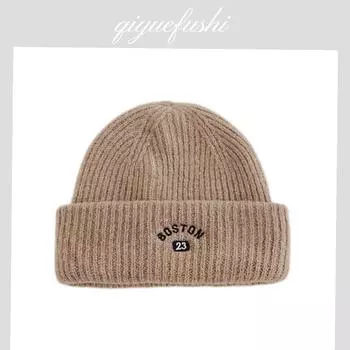 Autumn and winter velvet warm letter embroidery ear protector knitted wool hat solid color wool big head circumference shows small face cold hat чёрный