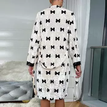 Autumn and winter velvet women s nightgown sexy suspender lace cardigan homewear bathrobe pajama set S (recommended 80-50 kg)