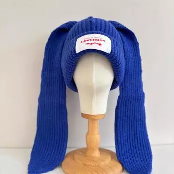 Autumn and winter warm, thickened ear protection and cold protection knitted hat cute rabbit long ears wool hat trend M56-58cm чёрный