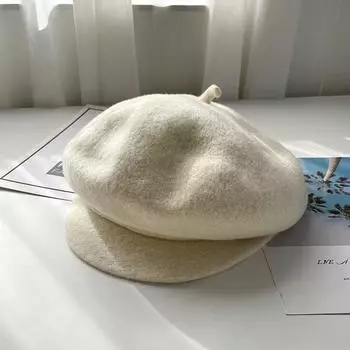 Autumn and winter warm wool octagonal hat children s retro cap show face small solid color newsboy versatile hat tide M56-58cm чёрный