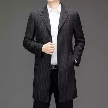 Осенне-зимняя ветровка мужская средней длины шерстяное пальто для среднего и пожилого возраста свободный большой размер костюм для папы костюм воротник полосатое пальто 170