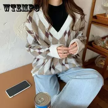 Autumn and Winter Women Retro Diamond Fake Two-piece Pullover Knitted Sweater Half Turtleneck One Size