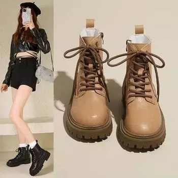 Autumn and Winter Women s Boots Square Heel Round Head Anti-slip Women Shoes Front Lacing Side Zip Outdoor Leisure Comfortable 35 хаки