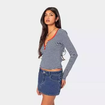 Autumn and Winter Women s Button Clash Stripe Slim Long Sleeve Inner Cotton Top S белый/синий