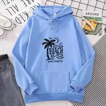 Autumn and winter women s coconut tree English printed hooded sweatshirts for men and women, Korean version, trendy and versatile tops S