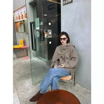 Autumn and Winter Women s Elegant Fashion Cape Style Round Neck Long Sleeve Casual Short Knitted Coat S коричневый