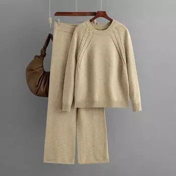 Autumn And Winter Women s Fashion Casual Solid Color Knitted Set Loose Sweater Wide Leg Pants Two Piece Set One Size хаки