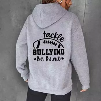 Autumn And Winter Women S Fashion Letter Print Hooded Shoulder Sleeve Fleece Sweater XS серый