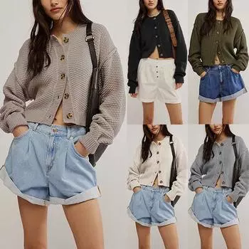 Осенне-зимняя женская мода свободный кардиган вязаный свитер один ряд пуговиц куртка L абрикосовый