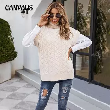 Autumn and Winter Women s Fashion Sleeveless Button Rope Vest Knitted Loose Pullover High Neck Vest Sweater