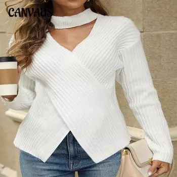Осенне-зимняя женская висящая горловина с V-образным вырезом, топы, перекрещивающиеся однотонные трикотажные изделия S белый