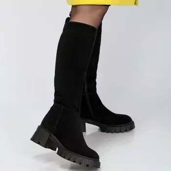 Осенние и зимние женские кожаные сапоги с плюшевым и толстым утеплителем, сапоги на среднем каблуке 38 чёрный