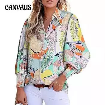 Осенне-зимняя женская блузка с длинным рукавом и принтом, отложной воротник, рукав-фонарик, рубашка S