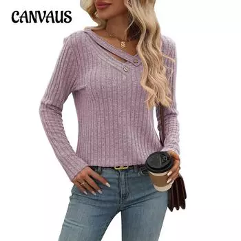 Осенне-зимний женский свободный повседневный топ с V-образным вырезом на пуговицах в полоску S серо голубой