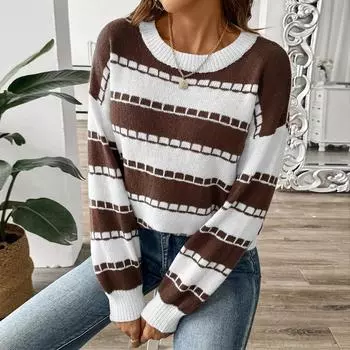 Autumn and Winter Women s Plaid Stripe Clashing Colour Splicing Round Neck Long Sleeve Knitted Pullover Sweater S чёрный