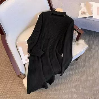 Autumn and Winter Women s Plus Size Hollow V-neck French Trend Solid Color Sweater Skirt Dress XXXL