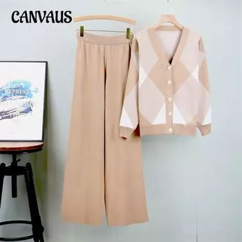 Осенне-зимний женский кардиган больших размеров Collision Square с V-образным вырезом, модный костюм, женский темперамент, элегантный костюм с широкими штанинами One Size чёрный