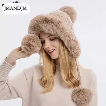 Autumn and winter women s pullover hat three hairballs outdoor thickened velvet cold-proof warm solid color knitted hat синий