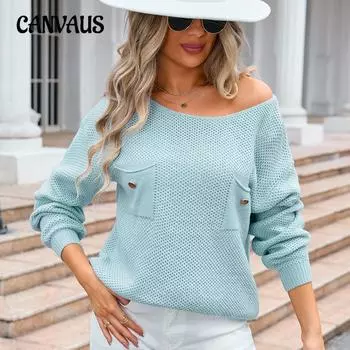 Осенне-зимний женский свитер-пуловер с карманами и низом, вязаный свитер S белый