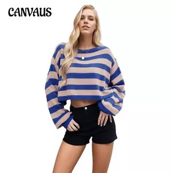 Осенне-зимний женский свитер-пуловер в полоску, свободный короткий трикотаж S синий