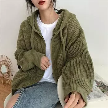 Autumn and Winter Women s Retro Hooded Knitted Cardigan Female Zipper Pockets Sweater Coat Women Casual Loose Solid Knitwear One Size