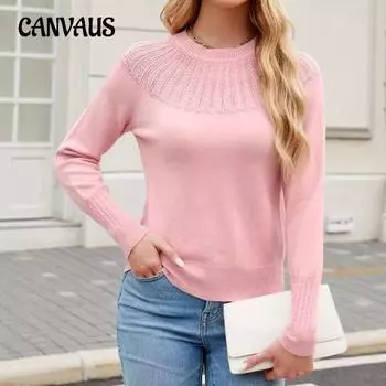 Осенне-зимний женский свитер с круглым вырезом и длинными рукавами, однотонный, с вставками S розовый