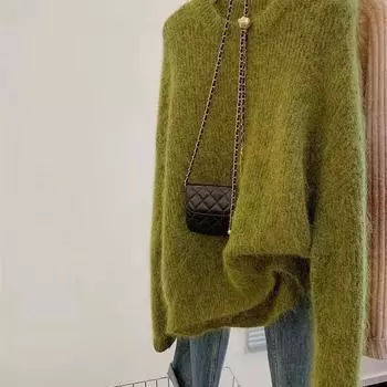Autumn and Winter Women s Simple Casual Green Soft All Match Knitted Sweater Female O-Neck Long Sleeve Loose Pullover Tops Sweet Sweaters One Size