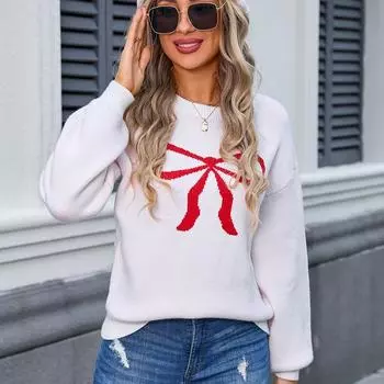 Осенне-зимний женский свитер с бантом, модный трикотаж большого размера S белый