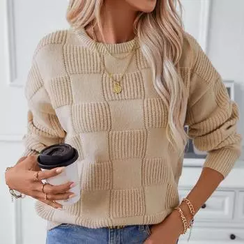 Autumn and Winter Women s Sweater Casual Long Sleeved Knitted Sweater Loose Round Neck Sweater XL бежевый