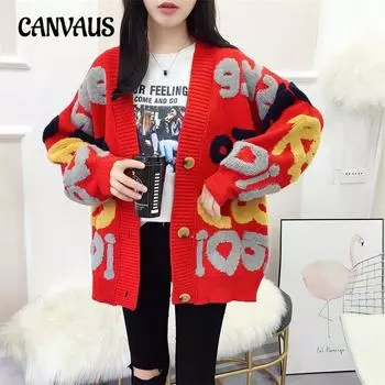 Осенне-зимняя женская кофта-свитер больших размеров с надписью «Lazy Wind Letters» и V-образным вырезом средней длины, жаккардовый вязаный кардиган One Size хаки