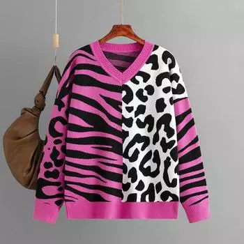 Autumn And Winter Women s Sweater Leopard Print Splicing V Neck Knitted Sweater Pullover Sweater One Size розы красного
