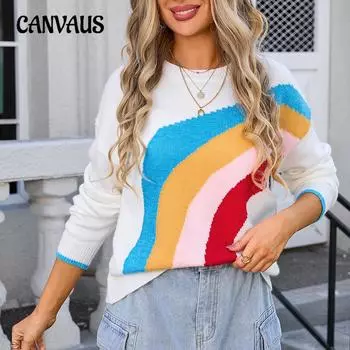 Осенне-зимний женский свитер-пуловер с длинным рукавом, с радужными полосками, модный свитер, трикотаж S белый
