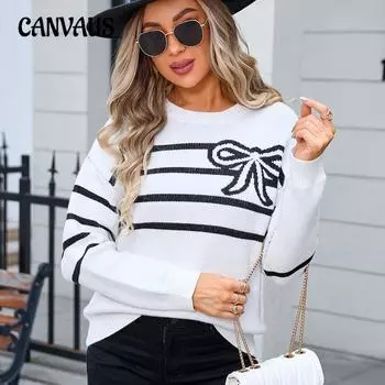 Осенне-зимний женский свитер с полосатым бантом и круглым вырезом, вязаный модный свитер с цветочным узором S розовый