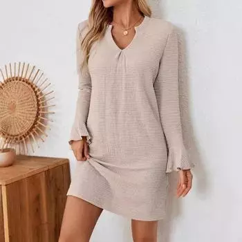 Autumn and Winter Women s V-neck Flared Sleeve Long Sleeve Fashion Dress S абрикосовый