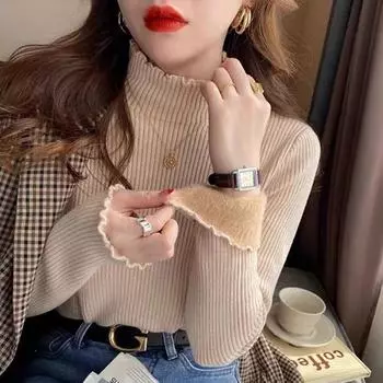 Осенне-зимний женский полуводолазный вязаный свитер, интегрированный флисовый повседневный пуловер, вязаные топы для женщин, новый повседневный флисовый утолщенный свитер One Size чёрный