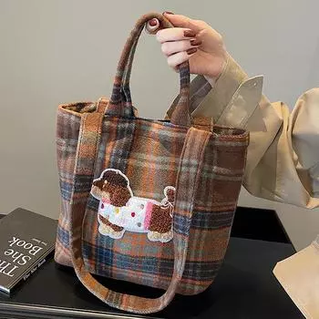 Autumn and Winter Woolen Plaid Bag Women New Cartoon Puppy Tote Bag Casual Large Capacity Shoulder Bag Women