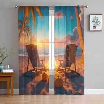 Осенний пляжный костер, стул, тыква, закат, прозрачные шторы для детей, спальни, гостиной, вуаль, занавески на окна, тюль, занавески W135 x H114cm