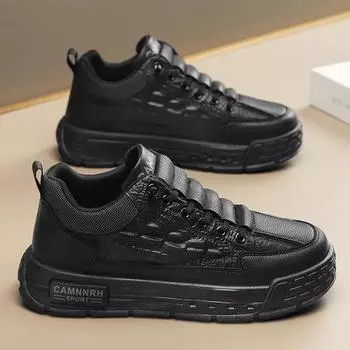 Autumn Black Leather Thick-Soled Heightening Work Shoes Free Lace-Up Foot Cover Casual Sports Board Shoes Men S Shoes 39