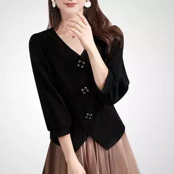 Autumn Black Three-Quarter Sleeve V-neck Fashion Slim Shirt Black M