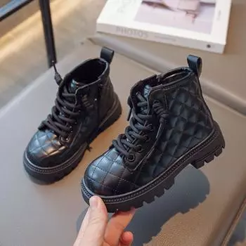 Autumn Boots for Girl 2024 New Black Side Zipper Round-toe Boy Shoe Children Versatile Rhomboid Plaid Non-slip Ankle Short Boots 26 чёрный