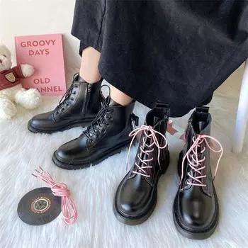 Autumn Boots Women Chunky Platform Ankle Boots PU Leather Thick Heeled short Boots Fashion Winter Female Lace Up Motorcycle Boot 35 чёрный