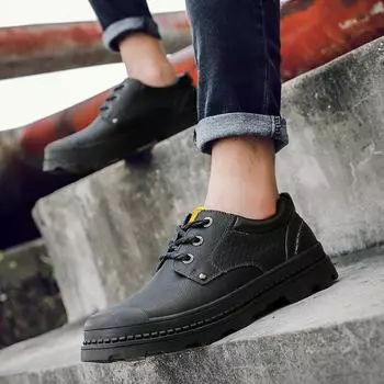 Autumn British Casual Shoes Boys Trend Work Shoes Fashion Big Head Shoes Wear-Resistant Men s Leather Shoes 38 чёрный