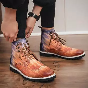 Autumn Brock High Top Leather Boots Men s Large Size Trendy Leather Boots Flower Brock British High Top Martin Boots Men s New 38 красный